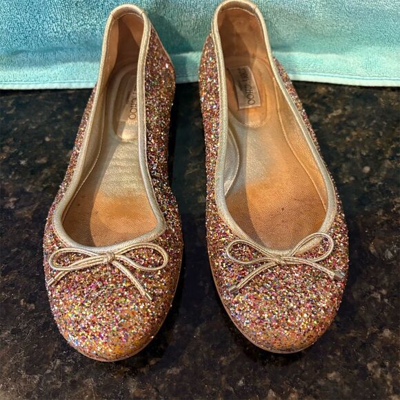 Jimmy Choo Gold Glitter Ballet Flats Women's Size 9  (Euro size 39.5) - Picture 1 of 9